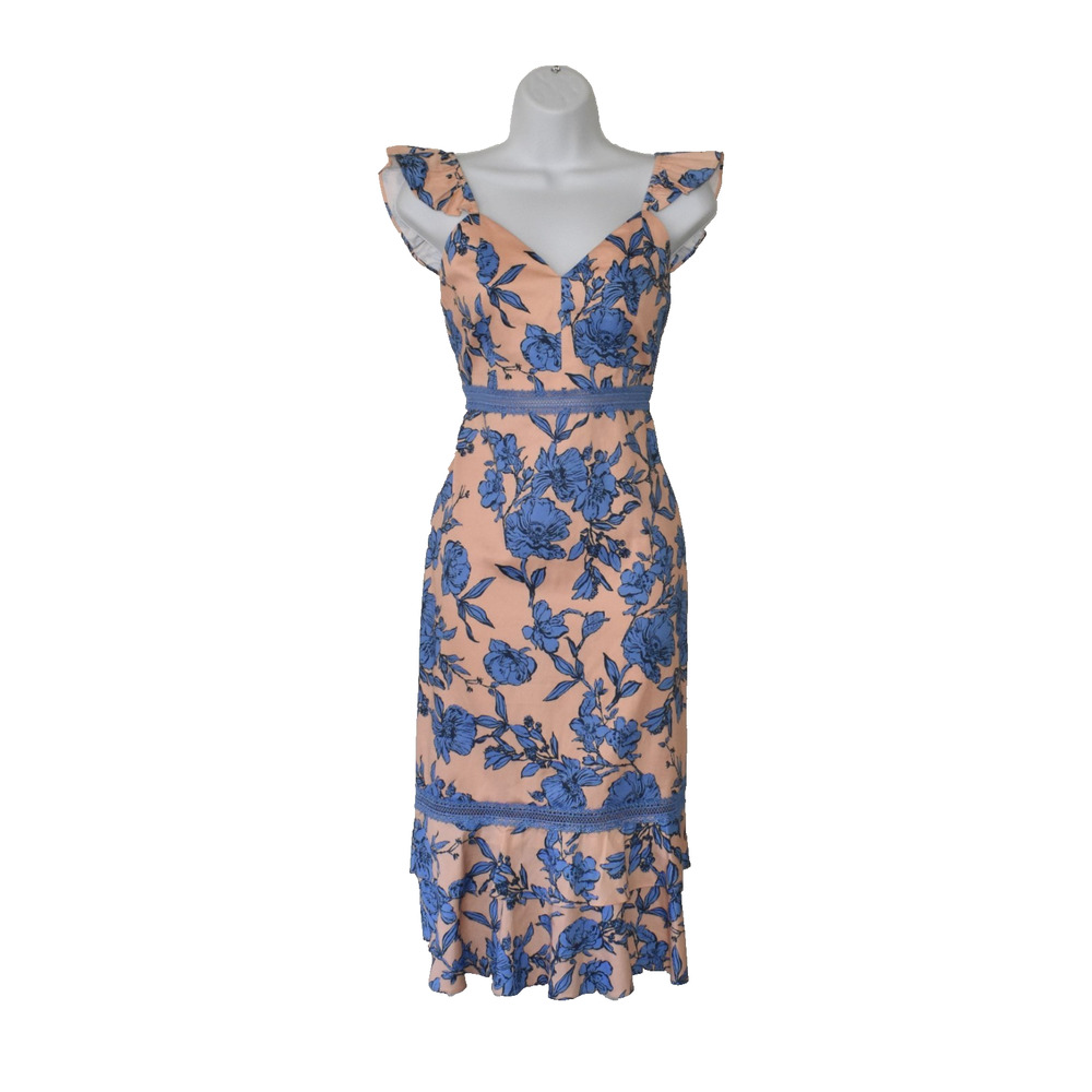 A8 Auth ALICE + OLIVIA Salmon Pink Blue Floral Jade Ruffle-Strap Midi Dress Sz 2 - Picture 2 of 7